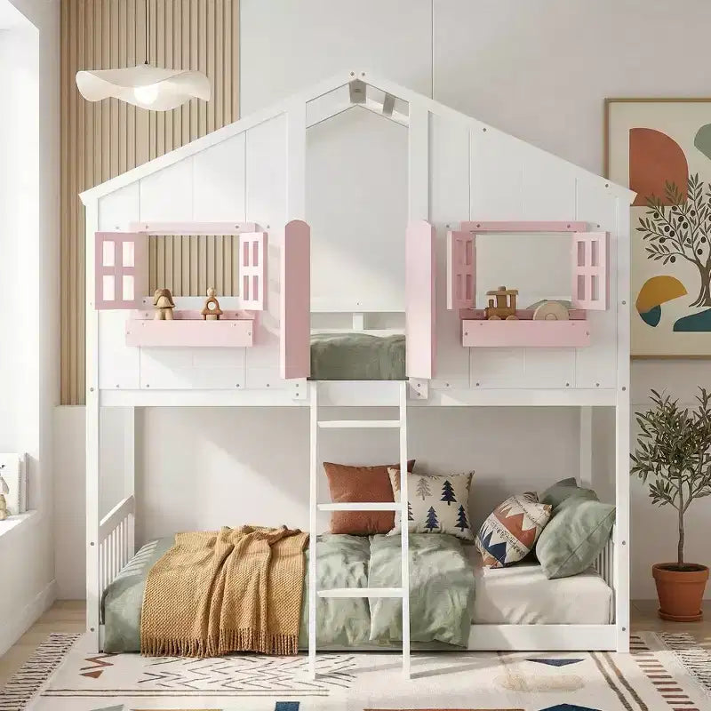 Doppel-Loftbett in Hausform, Holzspielhaus-Loftbett mit Leiter und Schutzgittern für Kinder