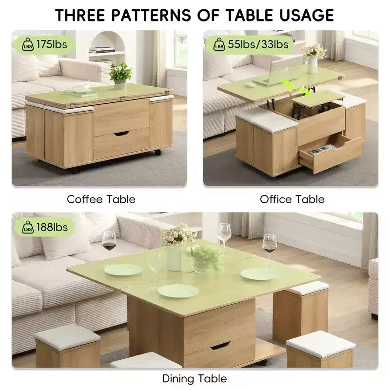 Multifunktionaler moderner Couchtisch mit Hebefunktion, verstecktem Stauraum, 4 Hockern und Rollen, perfekt für moderne Wohnbereiche