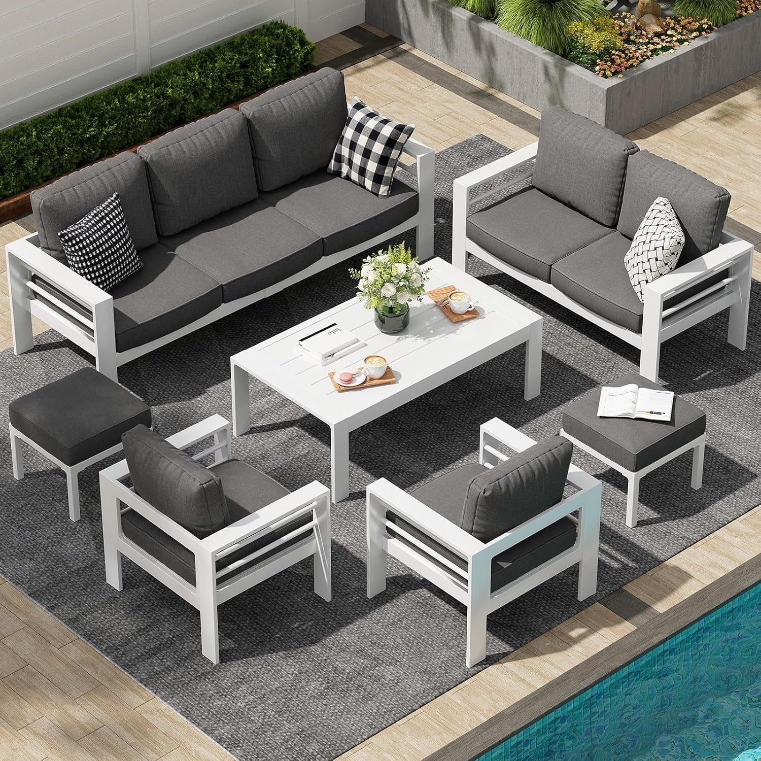AECOJOY 7-teiliges Aluminium-Terrassenmöbel-Set Outdoor-Gesprächsgarnitur