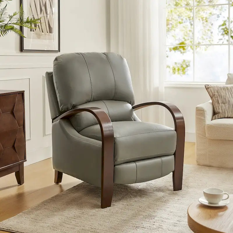 Alex Mid-Century Modern Zigarren-Sessel aus echtem Leder mit manueller Relaxfunktion und geschwungenen Holzarmlehnen