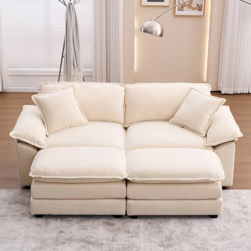 2-Sitzer-Sofa mit 2 Kissen, 2 Polstern und 2 Hockern, bequemes Sofa – Tiefes Wohnzimmersofa, Modulsofa