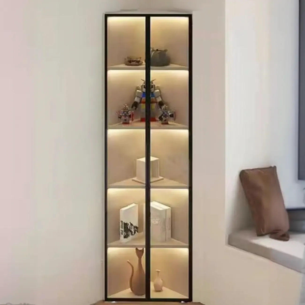 Modernes graues Eck-Standregal aus Metall und Holz mit Glastür