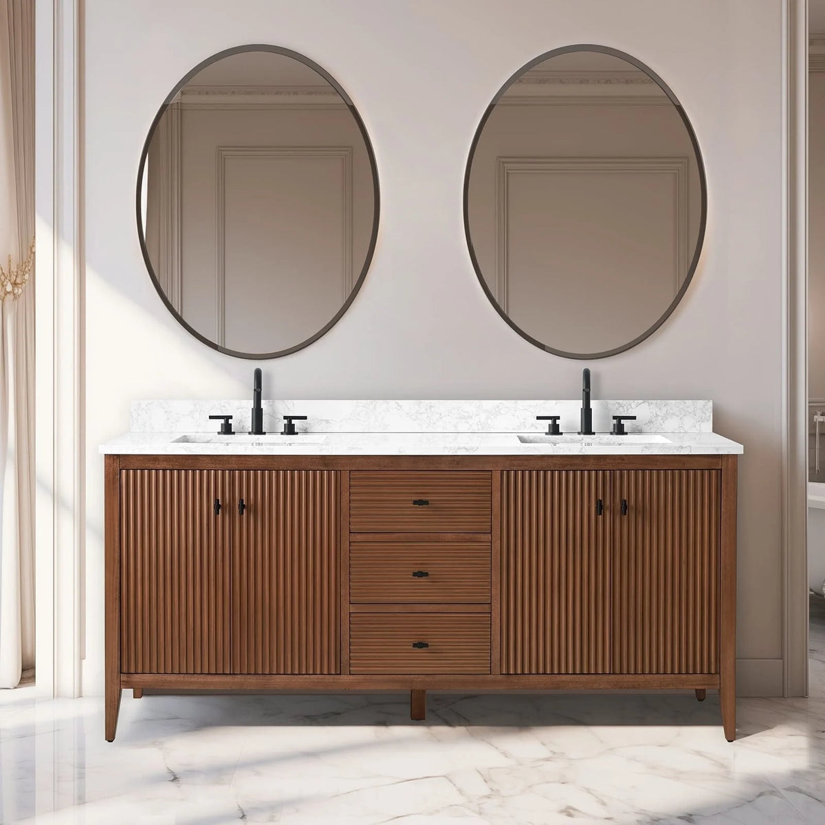 Vanity Art 72 Zoll Badezimmer-Waschtischunterschrank mit Doppelwaschbecken und Kunstmarmorplatte