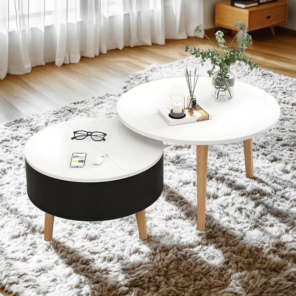 Schwarz Weiß Moderner Runder Couchtisch aus Holz mit Stauraum