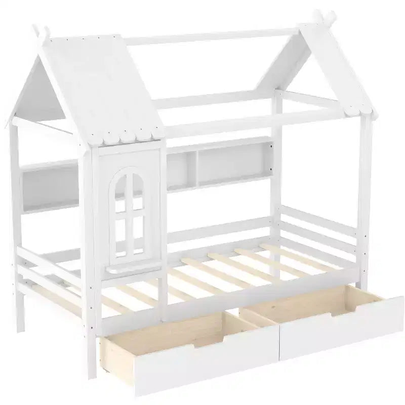 Haus-Plattformbett mit Aufbewahrungsschubladen und Fenster, Massivholzrahmen mit Regalen, kindgerechtes, lustiges Design, Hellweiß