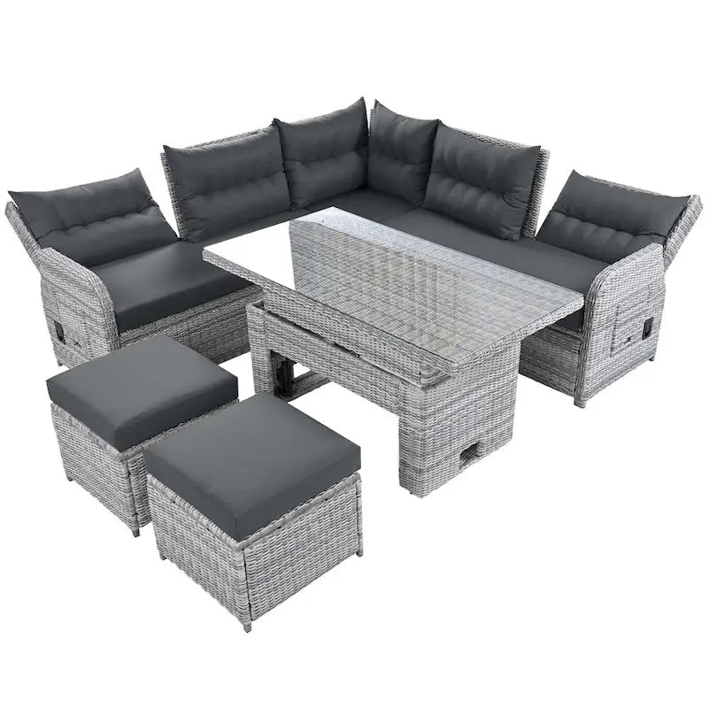 Outdoor-Rattan-Garnitur mit verstellbarem Tisch, Liegesesseln und 2 Hockern