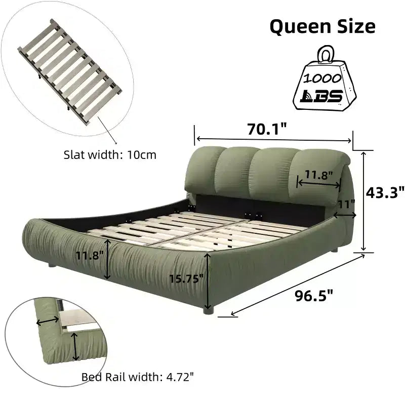 MAYEERTY Luxuriöses Polsterbett in Queen-Size mit überdimensioniertem gepolstertem Kopfteil und Massivholzrahmen, Grün