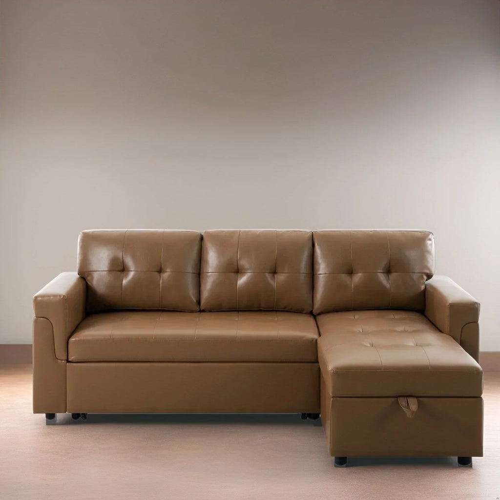 Verwandelbares, umbaubares Ecksofa mit ausziehbarem Schlafsofa, versteckter Aufbewahrung in der Récamiere und robusten Beinen