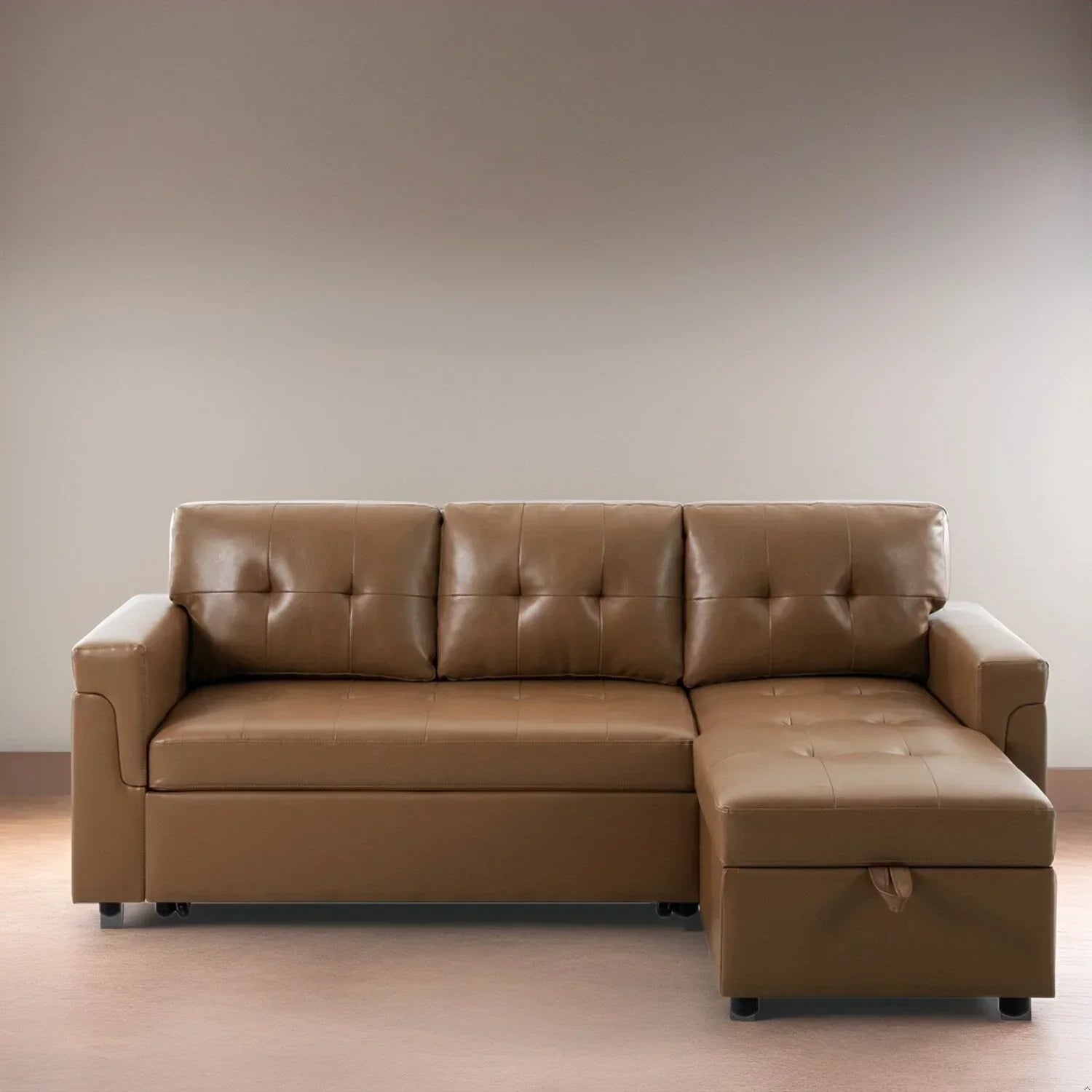 Verwandelbares, umbaubares Ecksofa mit ausziehbarem Schlafsofa, versteckter Aufbewahrung in der Récamiere und robusten Beinen