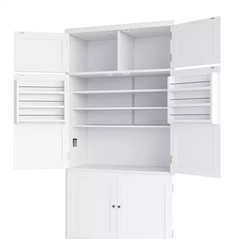 Hoher Küchenschrank mit Steckdosen, großer freistehender Schrank mit Mikrowellenständer, Schubladen, Regalen, Weinregalen und Türregal