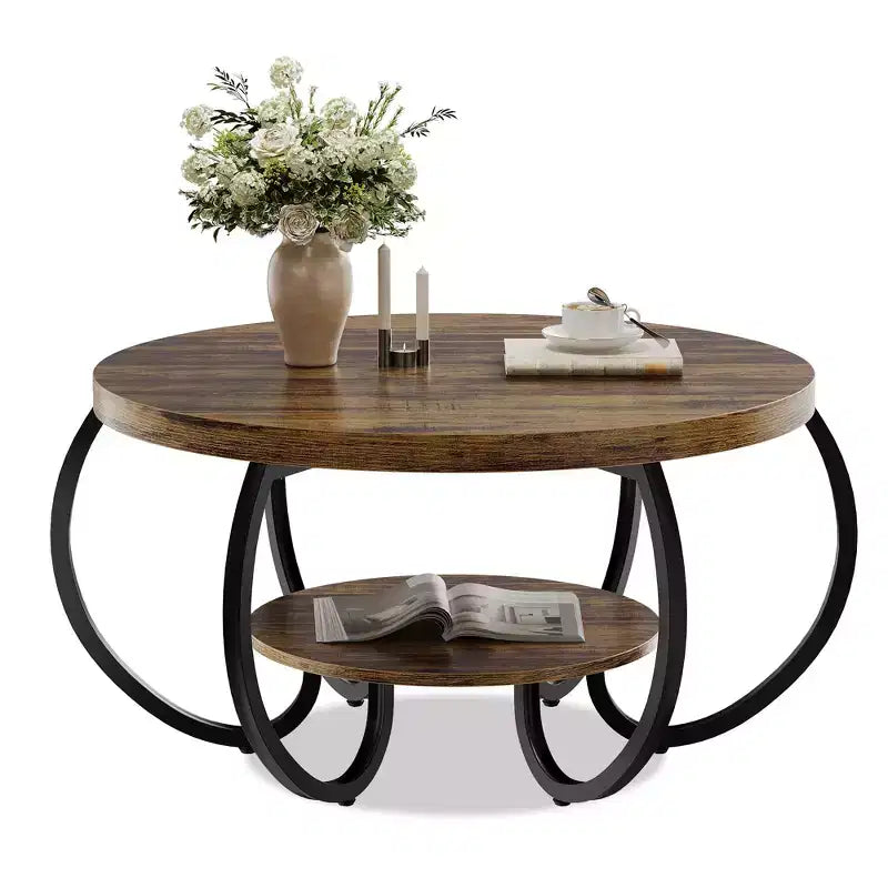 30 Zoll runder industrieller Couchtisch, 2-stöckig mit verstellbaren Füßen, Holzmaserungsablage, Flammendesign, einfache Montage, Wohnzimmer