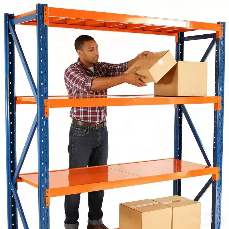 VIYET Schwerlast-Garagenregale, 4-stöckig, 2000 kg Tragkraft, verstellbares Metallregal, blau-orangefarbene Industrieregale für Geschäft/Werkzeuge/Fitnessstudio