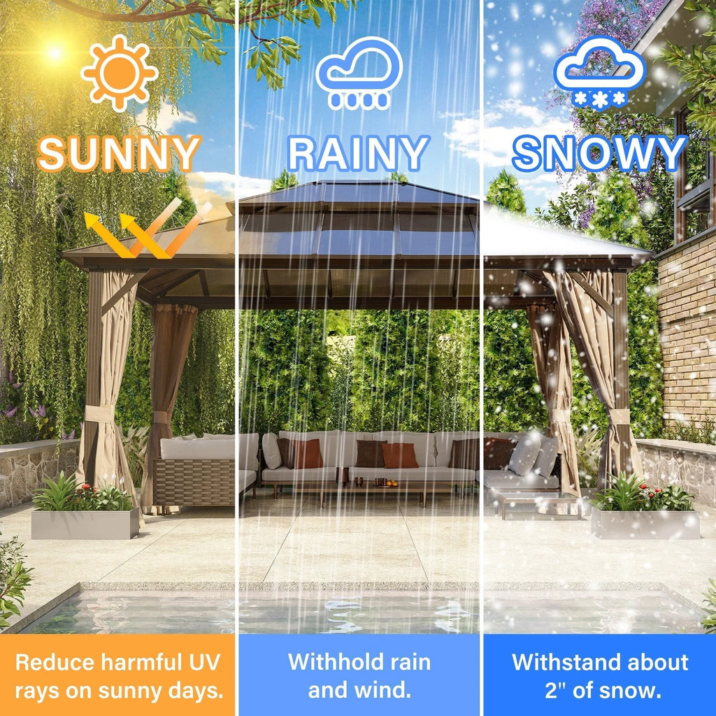 EROMMY Hardtop-Pavillon, Outdoor-Pergola mit Doppeldach & Netzen & Vorhängen, Hochleistungs-Canopy für Terrasse, Garten, Poolparty