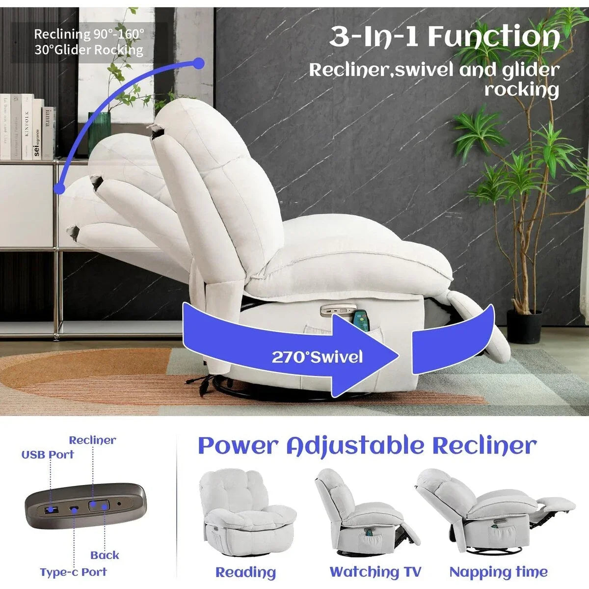 XINMICS Drehbarer elektrischer Relaxsessel, Massage-Schaukel-Liegesessel mit Heizfunktion, USB, USB-C und Seitentasche