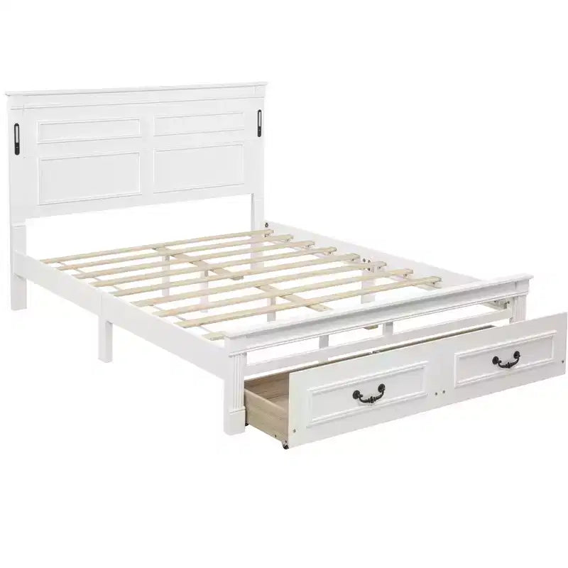 ModernLuxe Bettrahmen für Queensize-/Kingsize-Betten mit hohem Kopfteil, rustikales Holzbettgestell mit 2 Schubladen, LED-Beleuchtung und USB-Anschlüssen