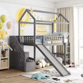 Doppelhaus-Hochbett mit Rutsche und Treppe, Hochbett mit Aufbewahrungsschubladen, Holzhaus-Hochbett für Kinder und Kleinkinder