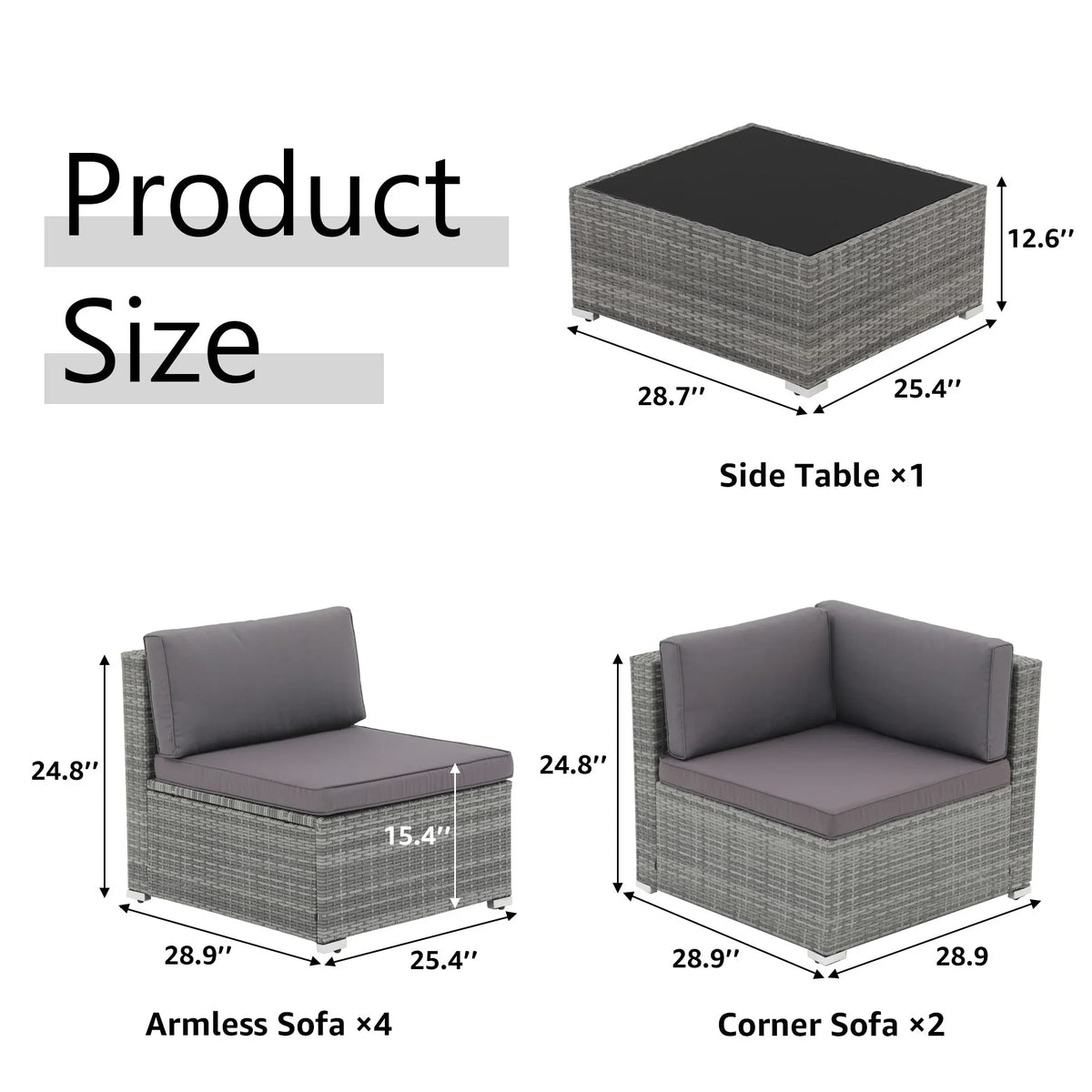 7-teiliges Outdoor-Sofa-Set aus Korbweide/Stahl mit Polstern