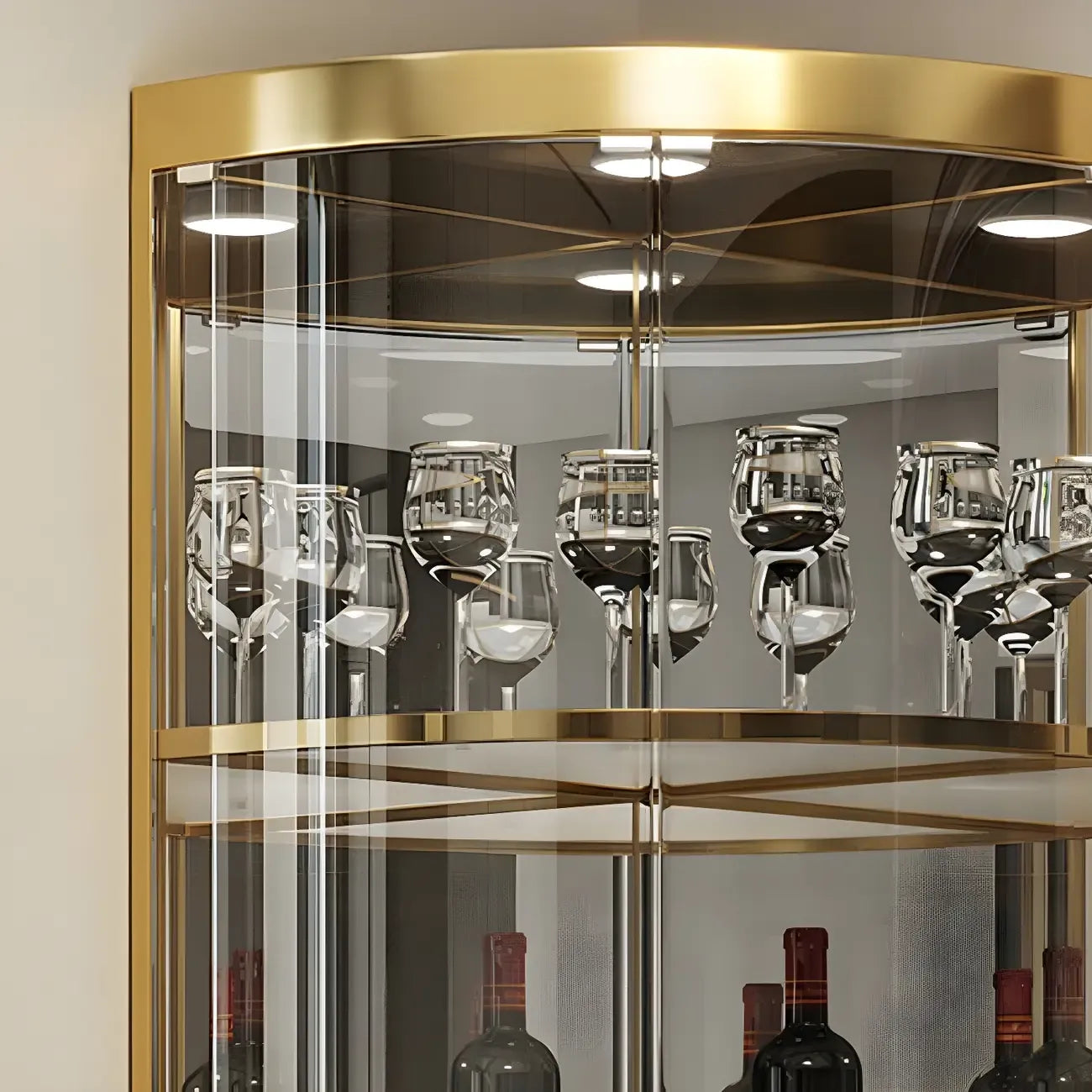 Glam Glossy Glas Gold Metall Abgerundete Display-Eckvitrine