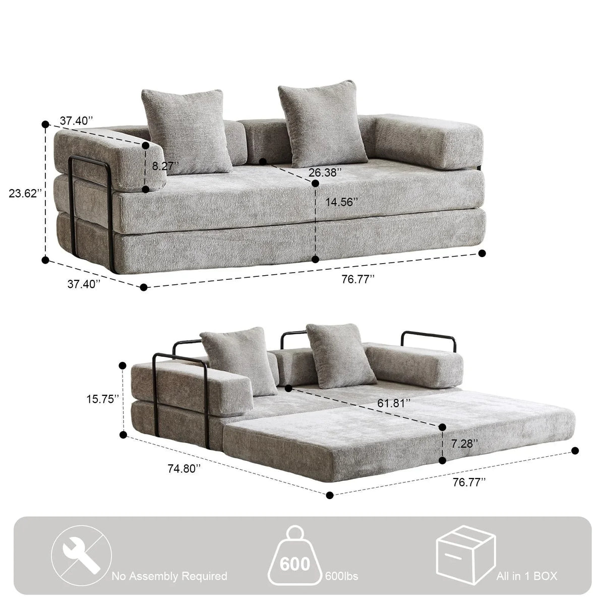 Umwandelbares Bodenschlafsofa mit Rückenkissen, Chenille-Gewebe für Wohnzimmer Schlafzimmer