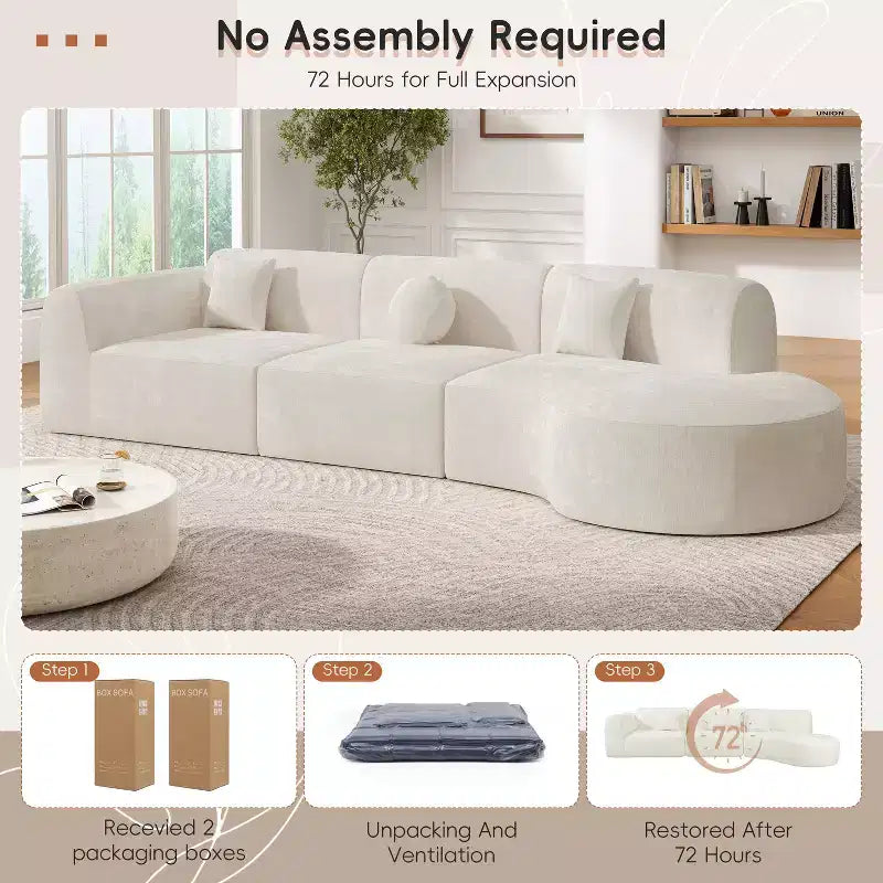 140-Zoll Modernes geschwungenes Ecksofa mit Récamiere, 3-teiliges Set, für Wohnzimmer