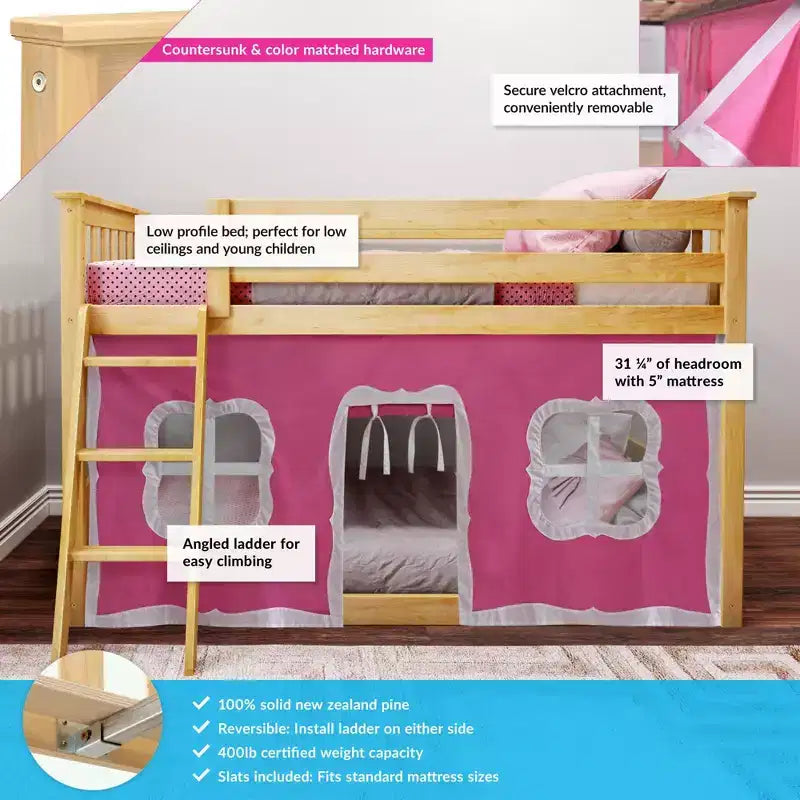 Max & Lily Twin-über-Twin Niedriges Etagenbett mit Vorhängen