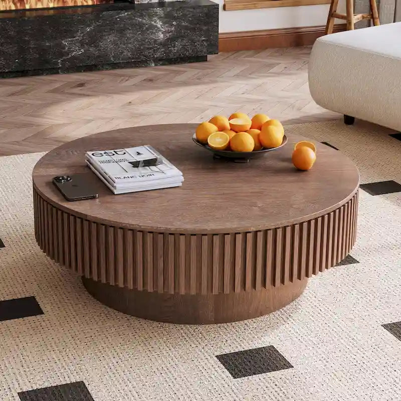 Moderner runder Couch-/Teetisch aus massivholzfurniertem Holz mit Stauraum