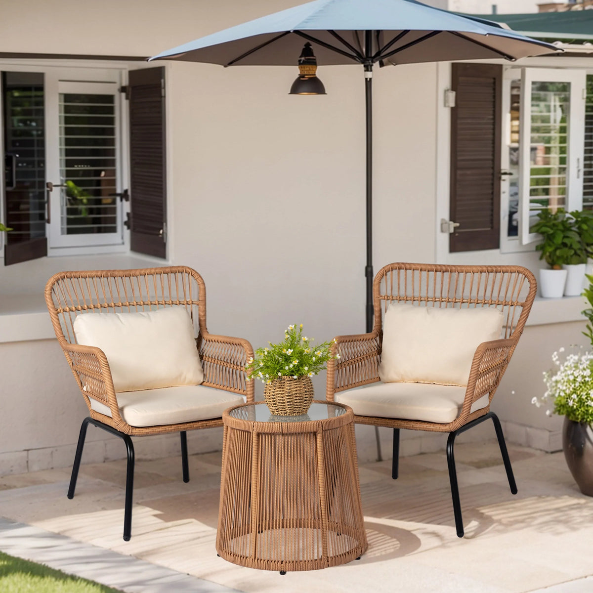 3-teiliges Outdoor-Bistro-Set aus Korbstühlen, witterungsbeständige Rattanmöbel-Sitzgruppe mit Kissen