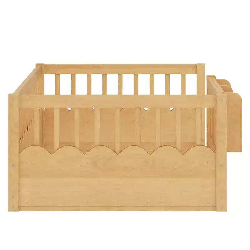 Bellemave Kinder-Bodenbett mit erhöhtem Zaun und Bücherregal, hölzernes Montessori-Bettgestell in Twin-Größe für Mädchen und Jungen