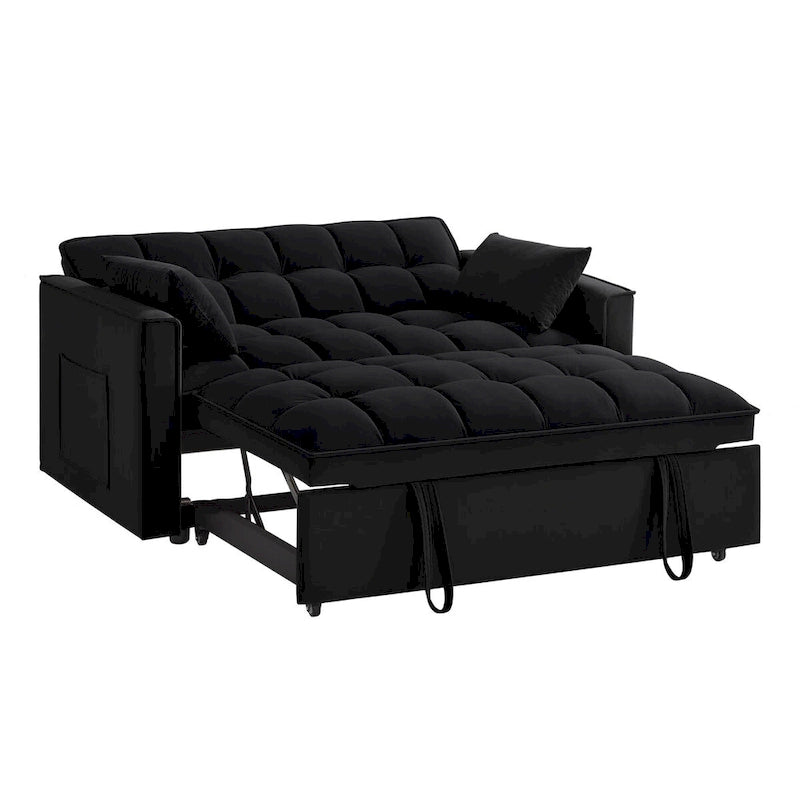 4-in-1 Loveseat Schlafsofa mit Armlehnen & Aufbewahrungstaschen, Multifunktionales getuftetes Ausziehsofa mit verstellbarer Rückenlehne