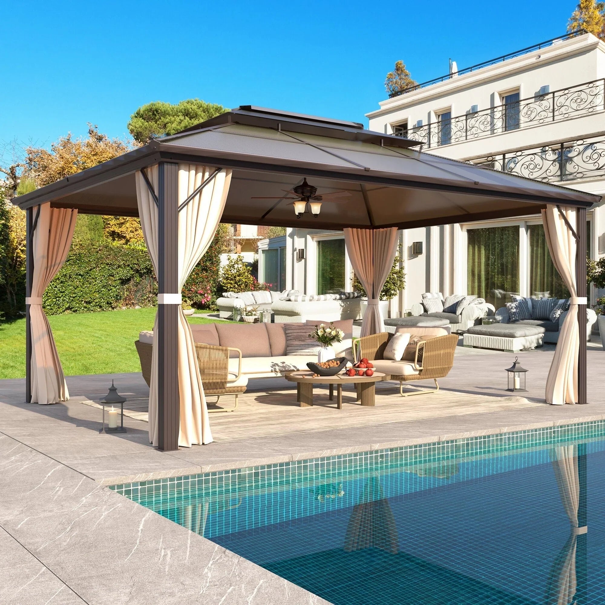 EROMMY Hardtop-Pavillon, Outdoor-Pergola mit Doppeldach & Netzen & Vorhängen, Hochleistungs-Canopy für Terrasse, Garten, Poolparty