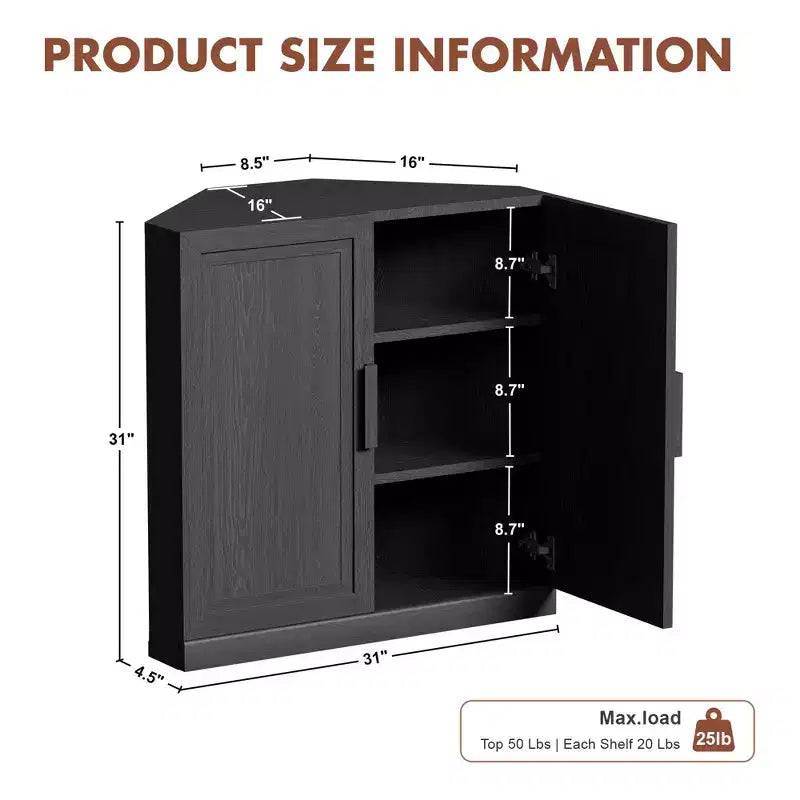 Dovelina Eckschrank mit verstellbaren Einlegeböden, Anrichte, Buffet, Weinschrank, Küchen- und Esszimmerschrank mit Holztüren – 31H x 31W, 36H x 31W