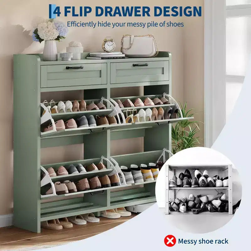 Schuhschrank mit 4 Klappfächern und 2 oberen Schubladen, Schuh-Organizer-Schrank aus Holz mit verstellbarem Regal, freistehende Schuhaufbewahrungsschränke