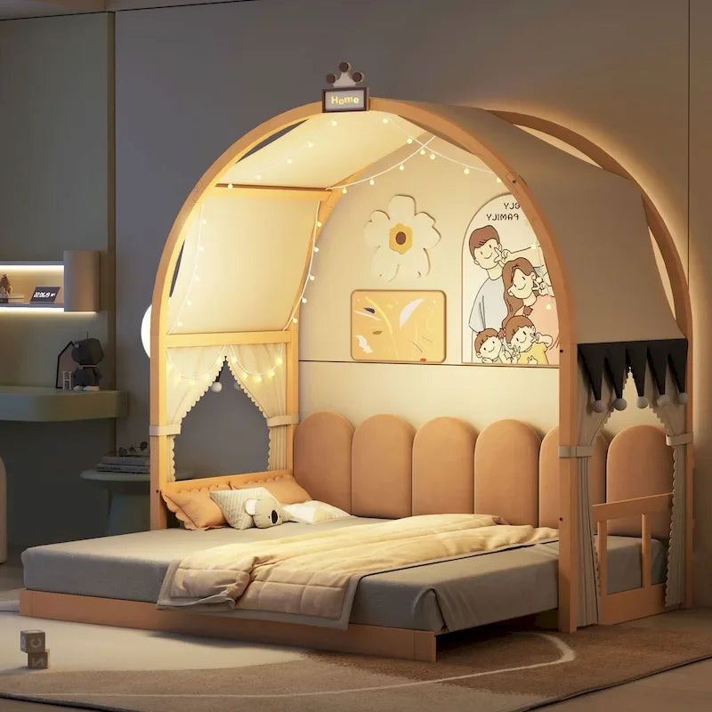 Massivholz-Spielhaus-Plattformbett, Montessori-Bettrahmen mit gewölbtem Dach und Ausziehbett für Mädchen und Jungen