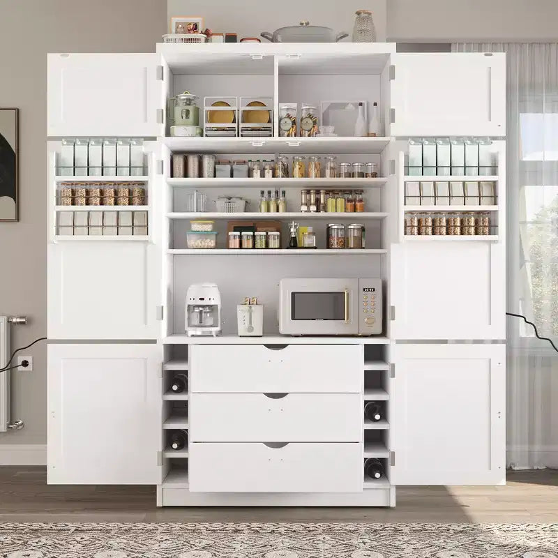 Hoher Küchenschrank mit Steckdosen, großer freistehender Schrank mit Mikrowellenständer, Schubladen, Regalen, Weinregalen und Türregal