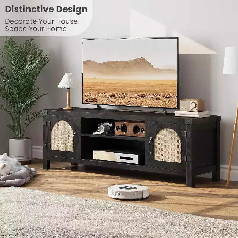 65-Zoll TV-Schrank im Bohème-Stil mit Rattantür – Hölzernes Entertainment-Center mit zwei Schränken und verstellbaren Einlegeböden, geeignet für Wohnzimmer