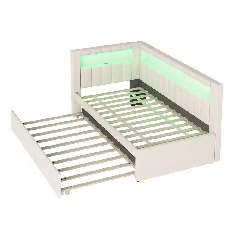 Einzel-/Doppel-Tagesbett mit Ausziehbett und L-förmigem Bücherregal-Kopfteil, gepolstertes Eckbett aus Leinen mit Ablageregalen und LED-Beleuchtung
