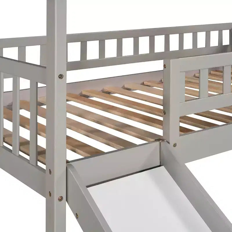 Doppelhaus-Hochbett mit Rutsche und Treppe, Hochbett mit Aufbewahrungsschubladen, Holzhaus-Hochbett für Kinder und Kleinkinder