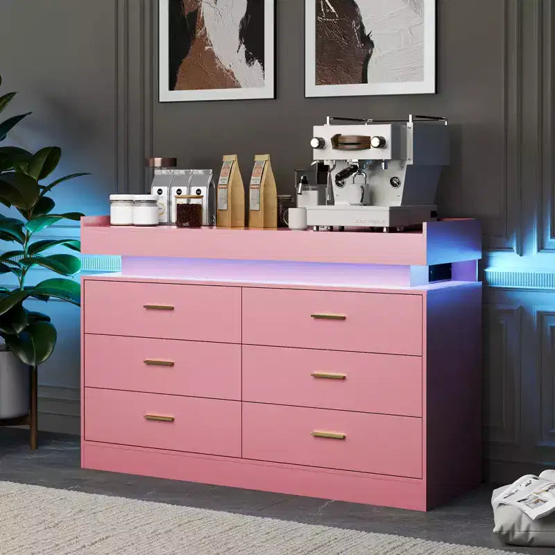 Moderner TV-Schrank mit 6 Schubladen & LED-Beleuchtung, schwebende Arbeitsplatte als Kaffeebar für Wohnzimmer Entertainment Center