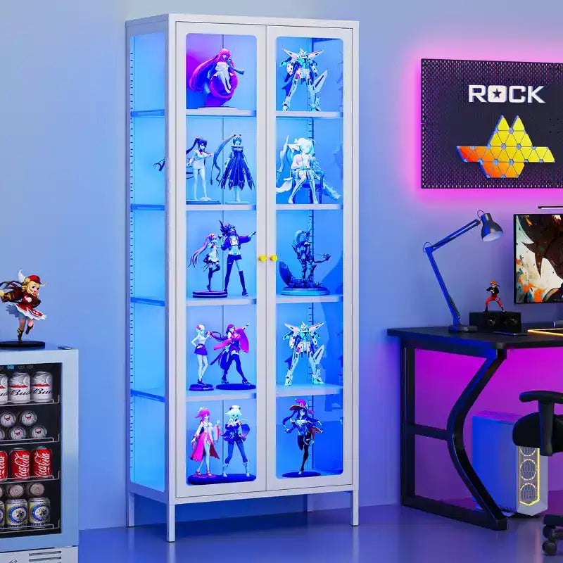 Bekrvio 67H Vitrine mit 3-seitigem Glas und LED-Beleuchtung, 5-Lagen-Aufbewahrung mit Doppeltüren und Metallrahmen für Sammlerstücke, ideal für kleine Räume