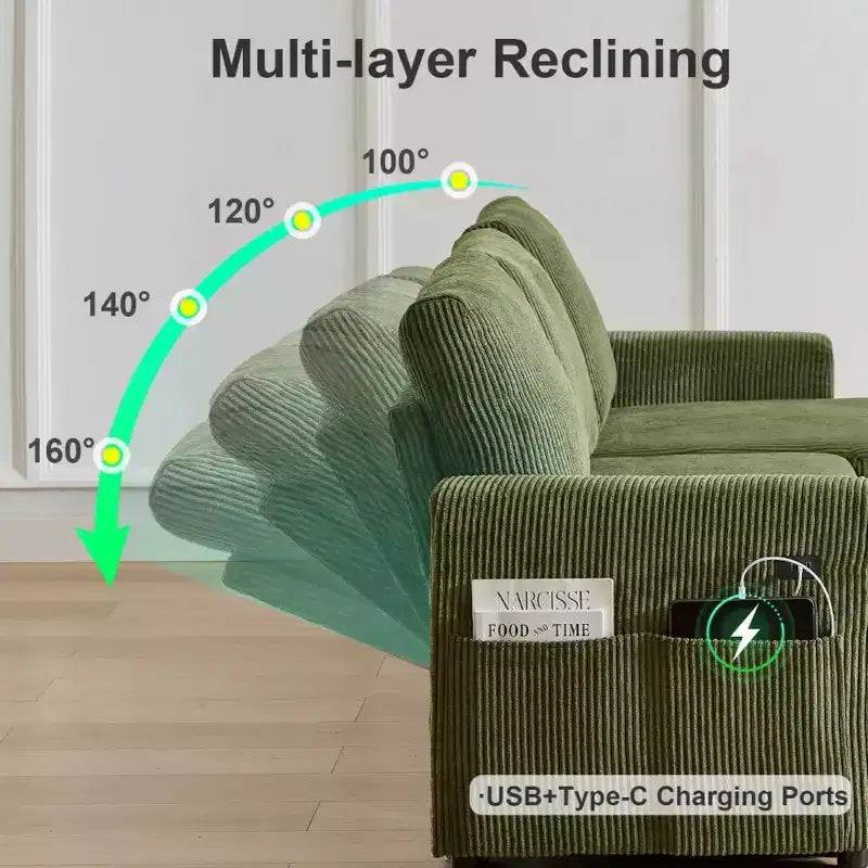 Dyonery 2-in-1 Schlafsofa ausziehbar mit Stauraum-Recamiere, Cord-Ecksofa mit USB-Anschlüssen für das Wohnzimmer