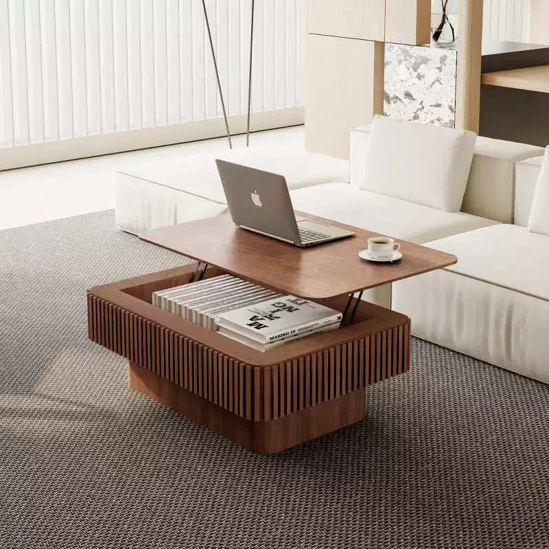 JVNOXK 38.6'' Geriffelter Couchtisch mit Stauraum und Liftfunktion, Massivholzfurnier Höhenverstellbarer Moderner Akzenttisch für Wohnzimmer, Schlafzimmer, Walnuss