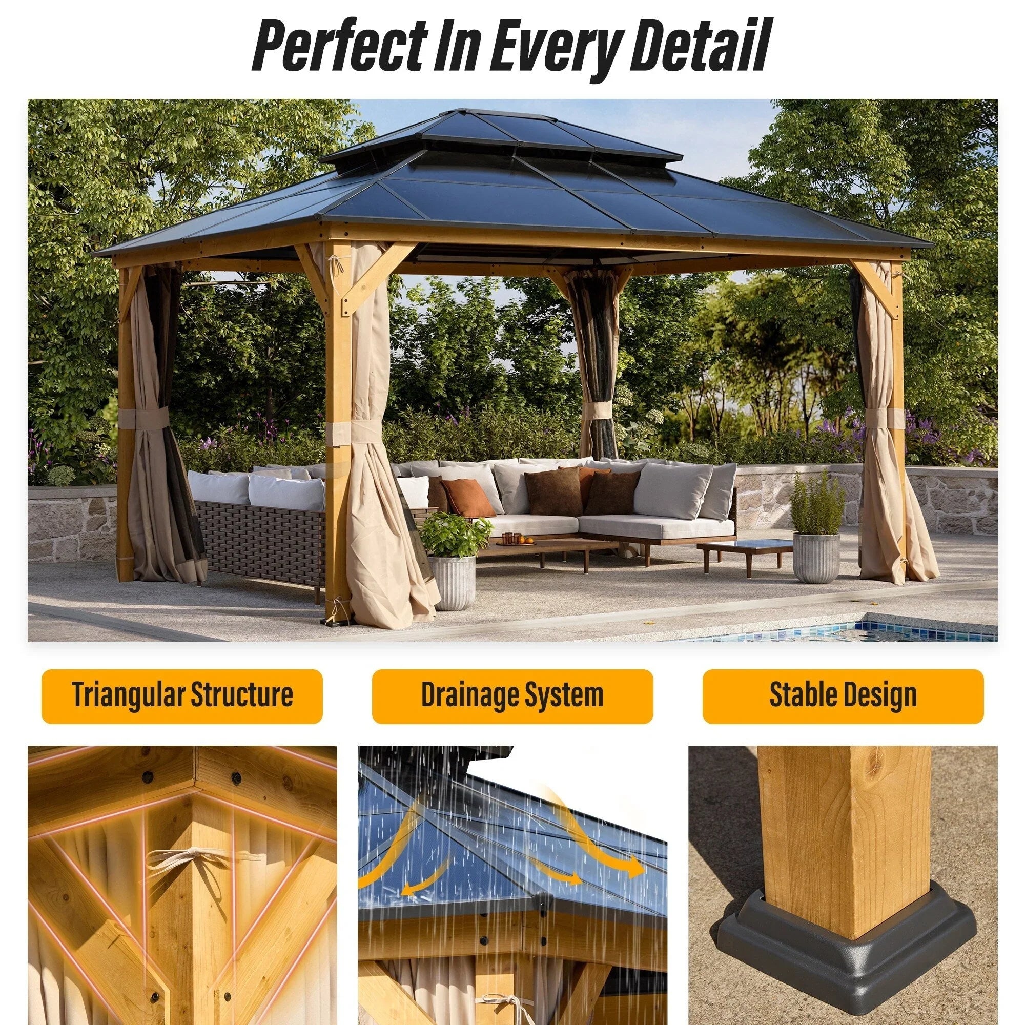 EROMMY Hardtop-Pavillon, Outdoor-Pergola mit Doppeldach & Netzen & Vorhängen, Hochleistungs-Canopy für Terrasse, Garten, Poolparty