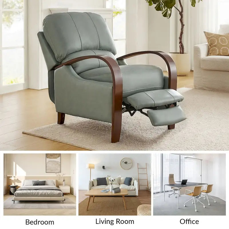 Alex Mid-Century Modern Zigarren-Sessel aus echtem Leder mit manueller Relaxfunktion und geschwungenen Holzarmlehnen