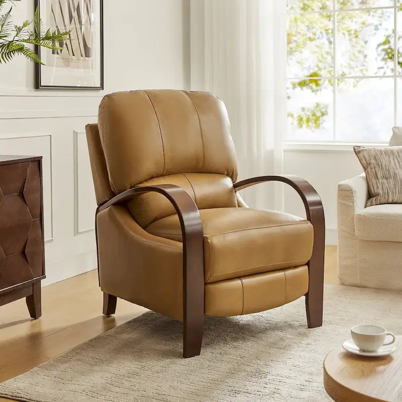 Alex Mid-Century Modern Zigarren-Sessel aus echtem Leder mit manueller Relaxfunktion und geschwungenen Holzarmlehnen