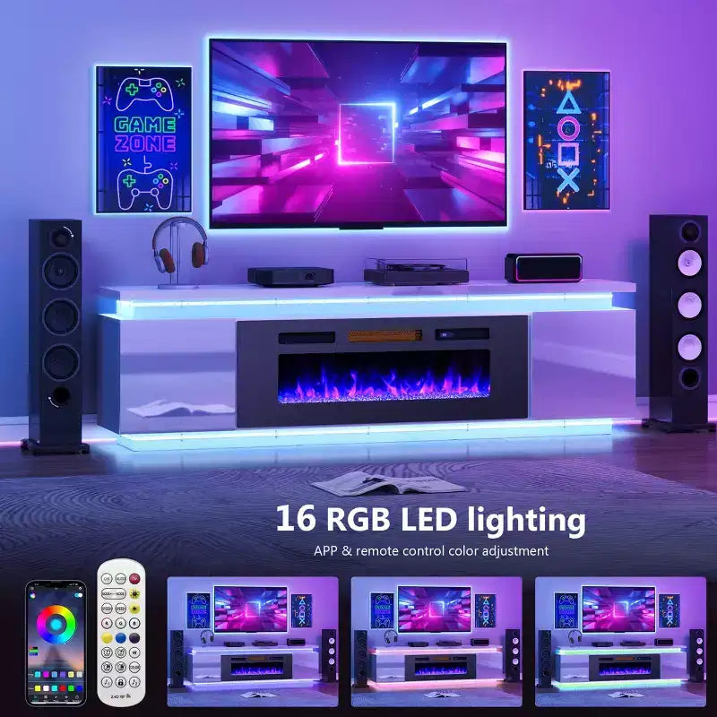 Skyzoo Elektrischer Kamin-TV-Ständer für Fernseher bis 80 Zoll mit LED-Beleuchtung & 4 Wechselstromsteckdosen, TV-Konsole für das Wohnzimmer