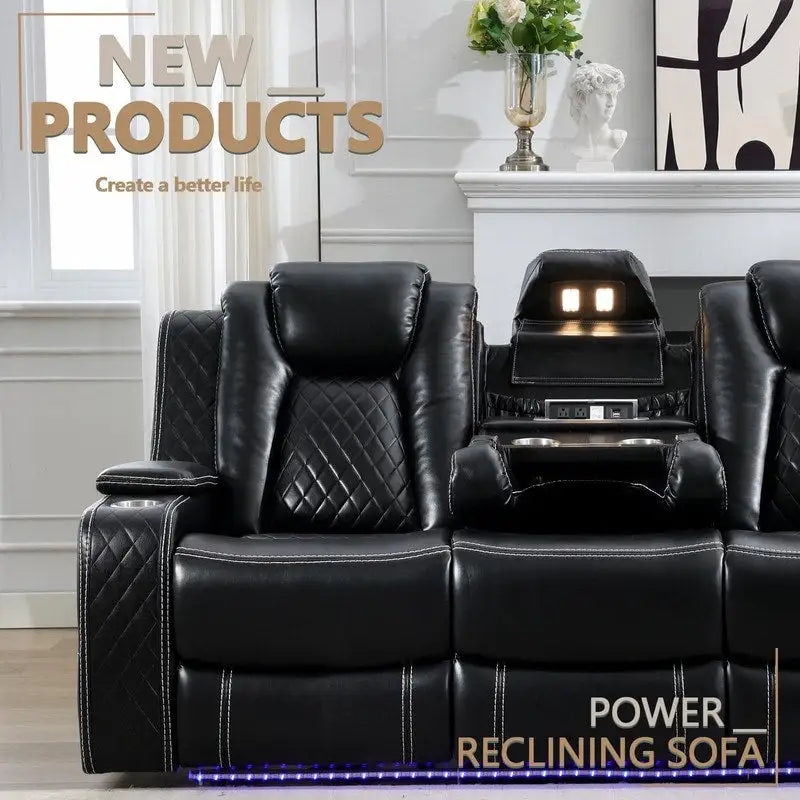 Elektrisches Relaxsofa mit kabellosem Ladegerät, Leselampe für das Wohnzimmer, Kunstleder-LED-Beleuchtung, AC/USB-Anschluss, Getränkehalter, Schwarz