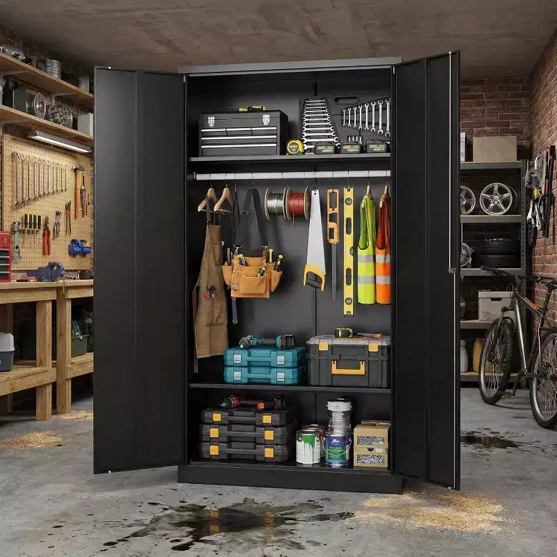 72 Zoll Kleiderschrank mit Schloss, schwarzer Metall-Garagenschrank mit verstellbaren Einlegeböden und Kleiderstange, Metallschrank für Zuhause, Schlafzimmer