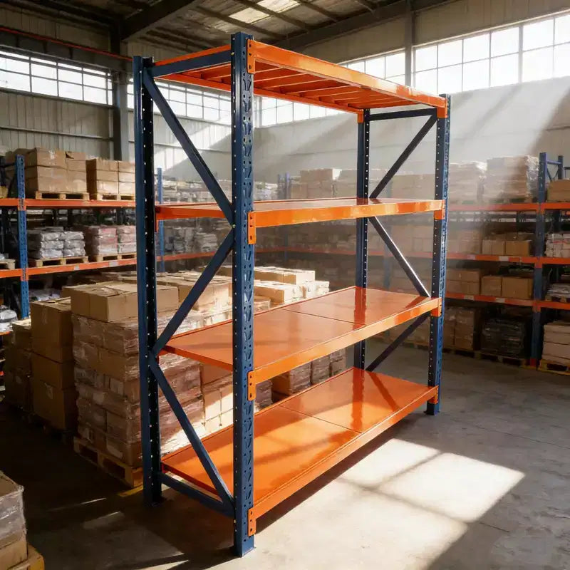 VIYET Schwerlast-Garagenregale, 4-stöckig, 2000 kg Tragkraft, verstellbares Metallregal, blau-orangefarbene Industrieregale für Geschäft/Werkzeuge/Fitnessstudio