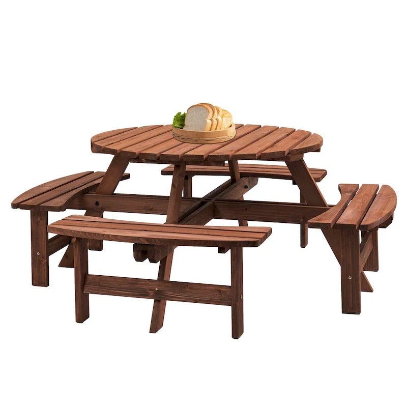 8-Personen Outdoor-Picknick-Esstisch-Garnitur aus Tannenholz, rund, mit 4 integrierten Bänken und Sonnenschirmloch