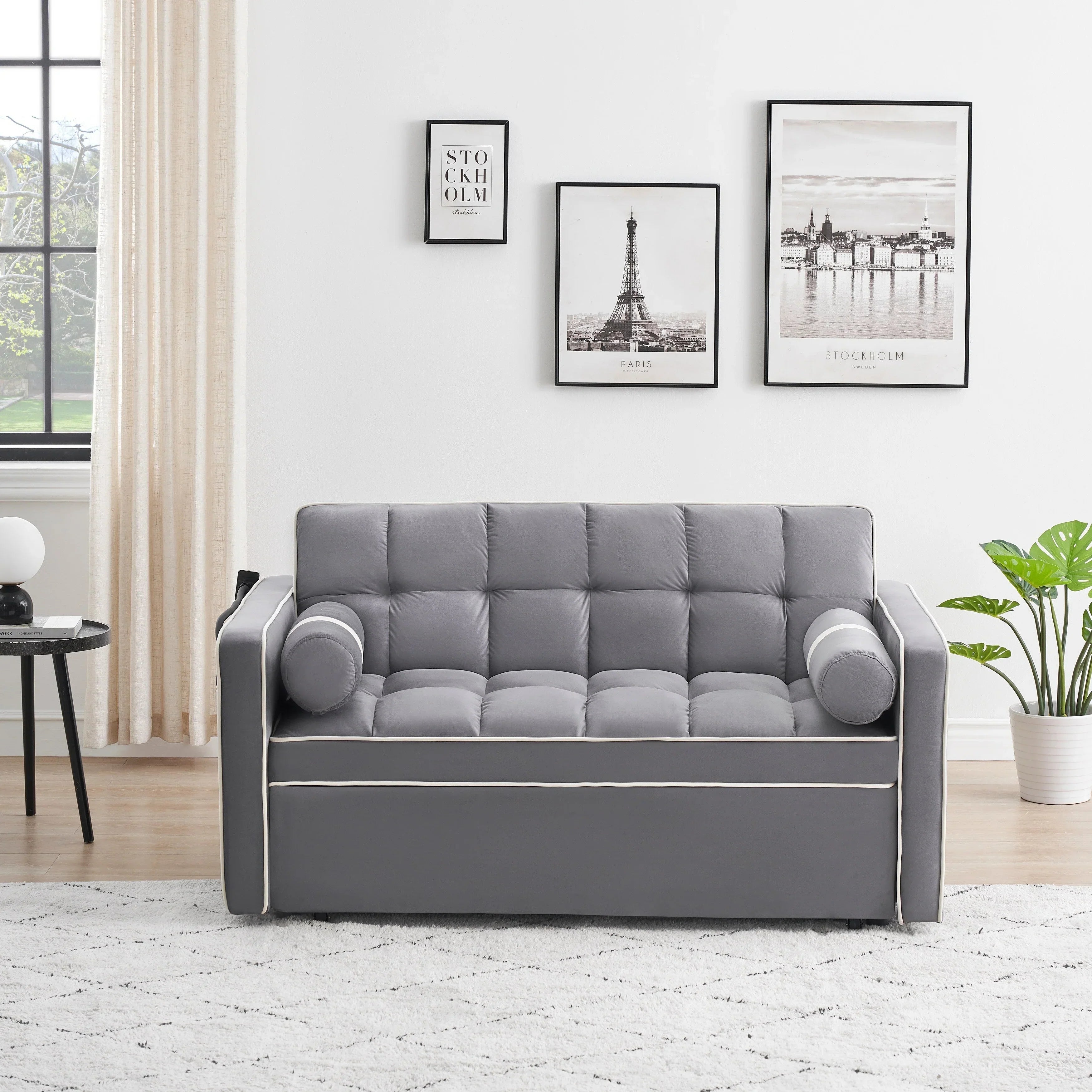 Samt-Schlafsofa zum Umbauen, 140 cm, 2-Sitzer, mit Ausziehbett, verstellbarer Rückenlehne, Seitentaschen und Handyhalterung
